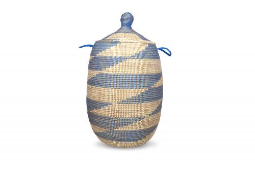 Panier « Ngaye » Bleu et blanc, en osier et plastique recyclé - Matou Déco
